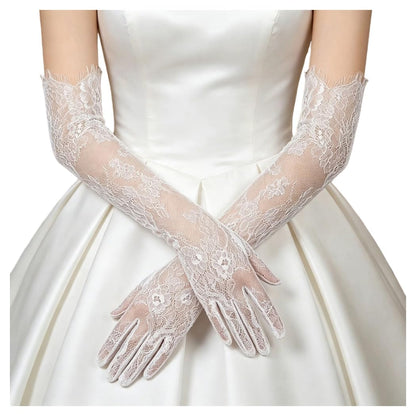 Mrotrida Women's Fingerless Lace Long Bridal Gloves Removable Hollow Out Sheer Arm Sleeves Tulle Solid Color Wedding Gloves