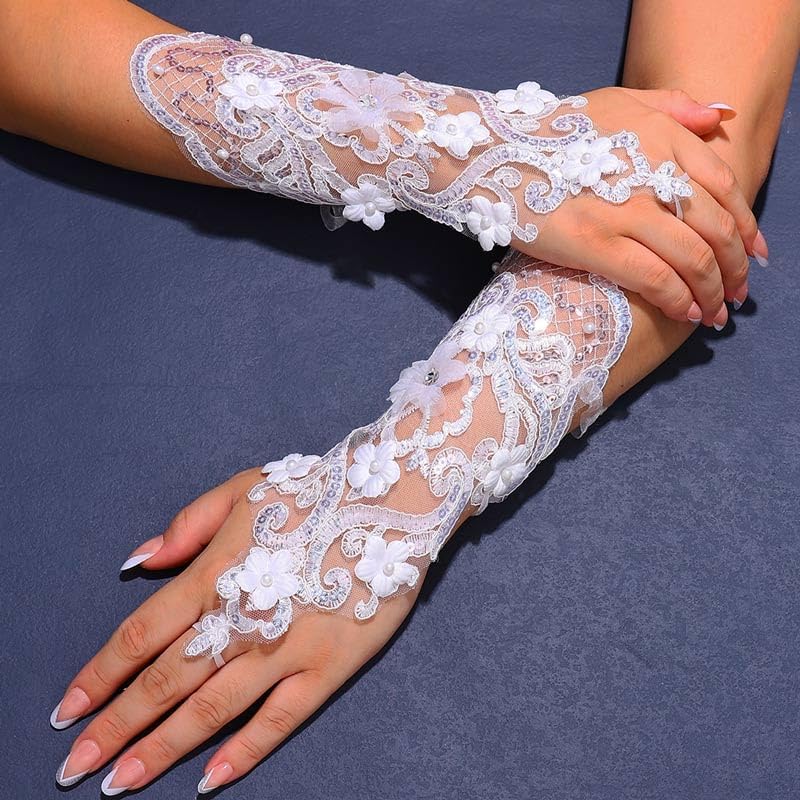 Fingerless Flower Lace Gloves White Wedding Gloves Pearl Bridal Accessories for Women and Brides