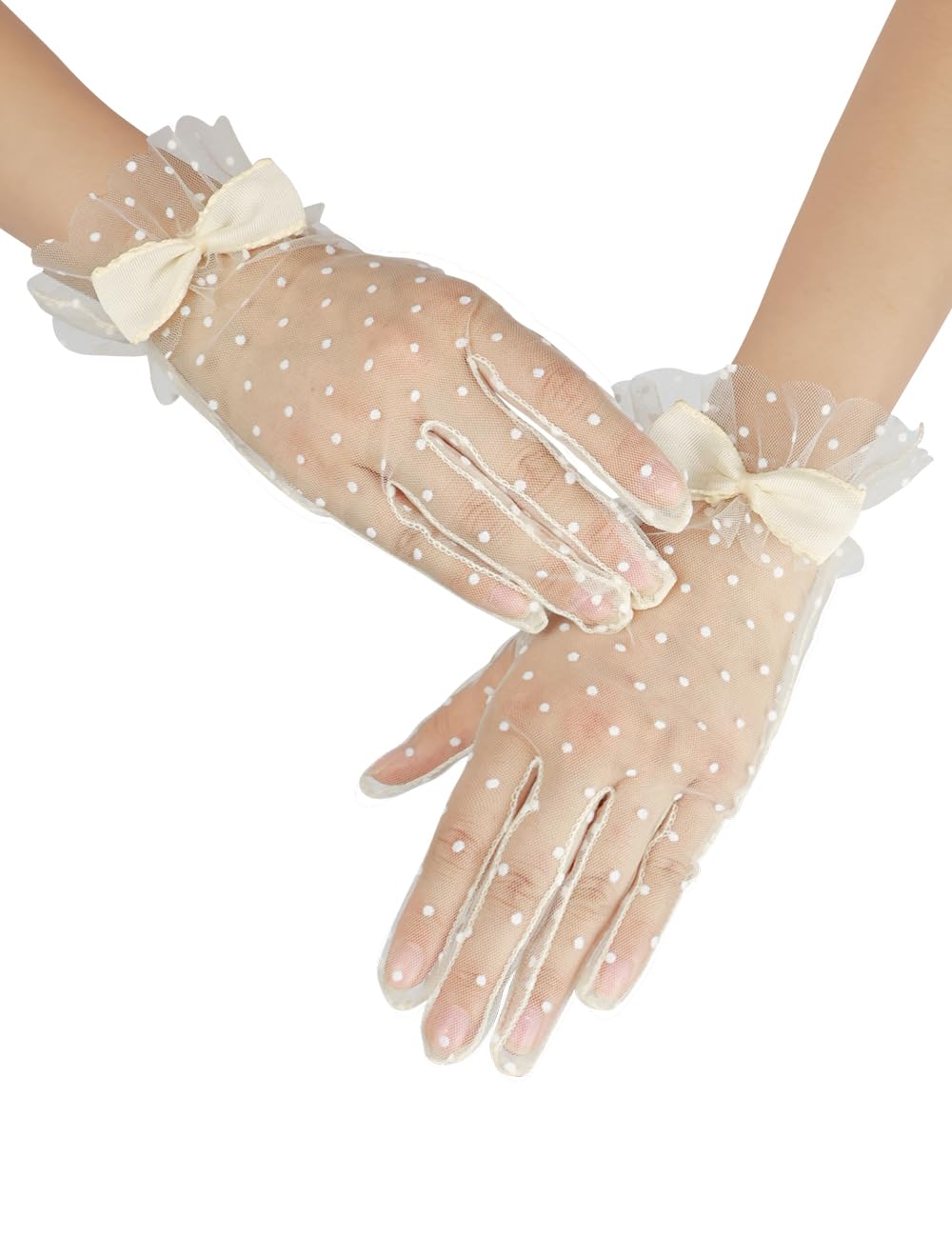 Short Polka Dot Lace Gloves Bow Mesh Tea Party Gloves for Women