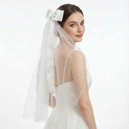 White Short Wedding Veil Pearl Rhinestone Bride Veils Bridal Veils Bachelorette Party Veil for Brides and Women