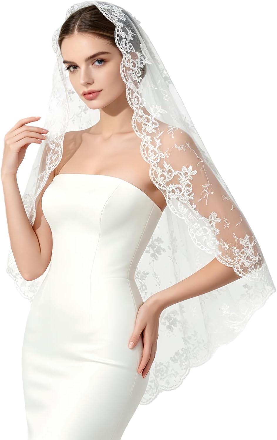 Mantilla Wedding Veil with Lace Edge Fingertip & Waltz Length