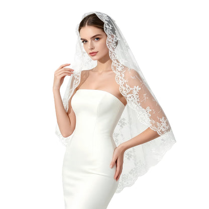 Mantilla Wedding Veil with Lace Edge Fingertip & Waltz Length