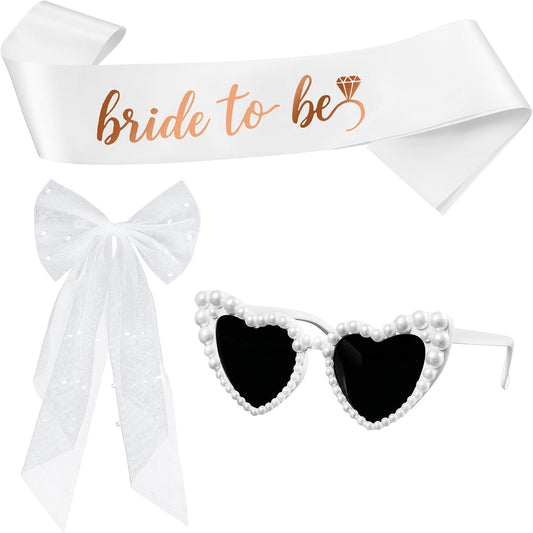 Bride Bachelorette Party Accessories 3 Pcs,Bride To Be Sash,White Veil,Pearl Heart Sunglasses for Bridal Wedding Favors Gifts (White)