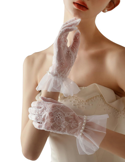 Women's Short Pearls Lace Mesh Gloves Tulle Bridal Tea Party Gloves