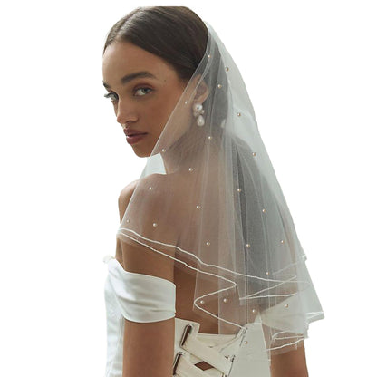 White Short Wedding Veil Pearl Rhinestone Bride Veils Bridal Veils Bachelorette Party Veil for Brides and Women