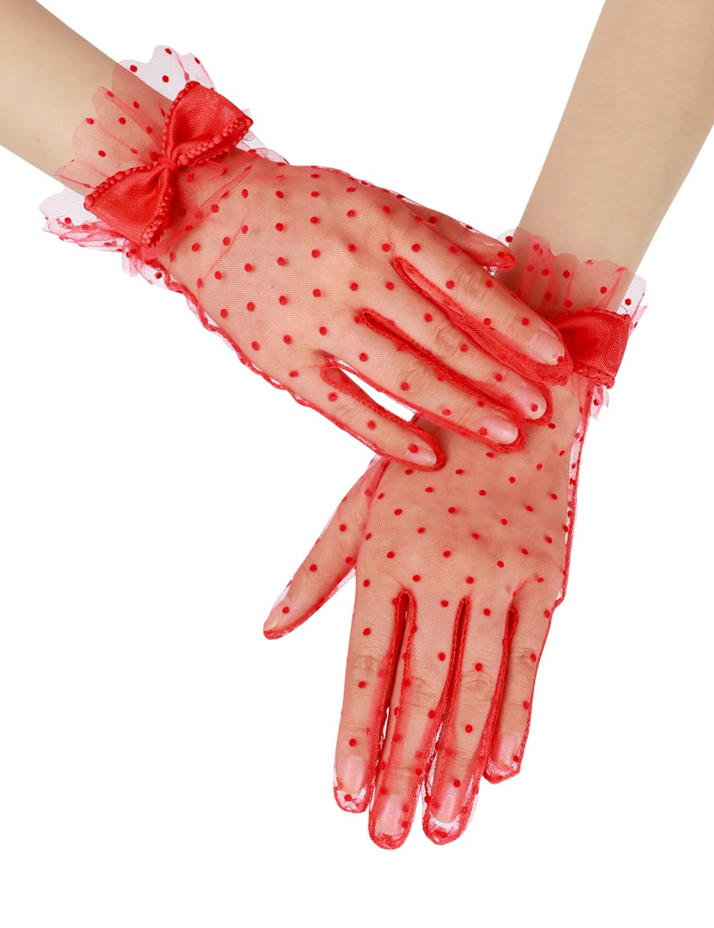 Short Polka Dot Lace Gloves Bow Mesh Tea Party Gloves for Women