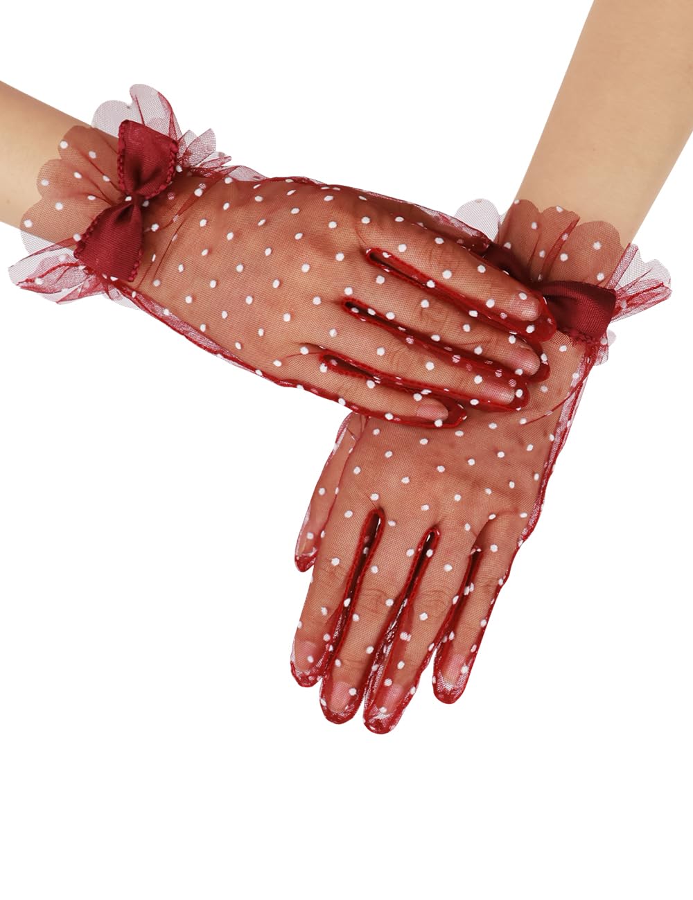Short Polka Dot Lace Gloves Bow Mesh Tea Party Gloves for Women