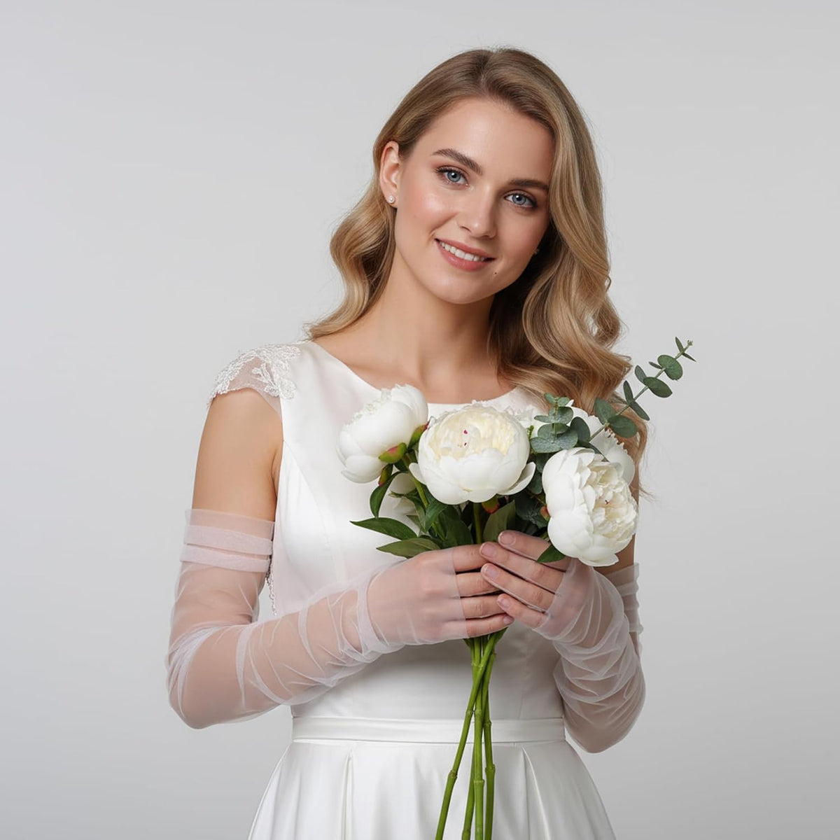 Long Tulle Pearl Wedding Gloves Elbow Length Summer Fingerless Glove
