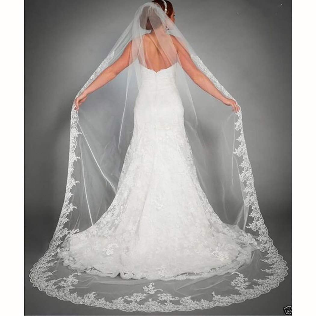 Ursumy Gorgeous Wedding Lace Veils Floral Long Cathedral Veils for Brides Soft Tulle Bridal Veil with Comb 118" (Ivory)