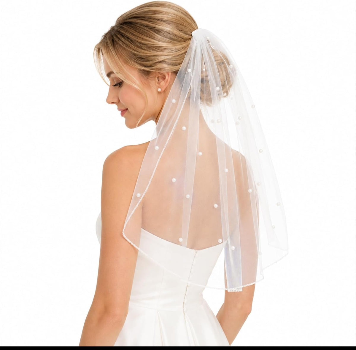 White Short Wedding Veil Pearl Bridal Veil with Comb Short White Bachelorette Veils Tulle Veils for Wedding Bridal Shower Gift Brides Women