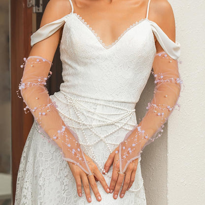 REETAN White Long Bridal Gloves Fingerless Pearl Sheer Arm Sleeves for Women