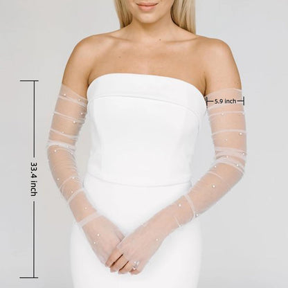 Long Tulle Pearl Wedding Gloves Elbow Length Summer Fingerless Glove