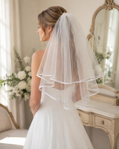 White Bridal Veil Short 2 Tier Veil with white binding
