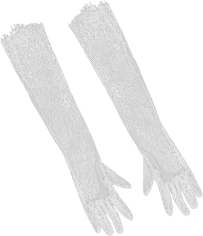 White Lace Floral Elbow Length Gloves for Women Bridal Wedding