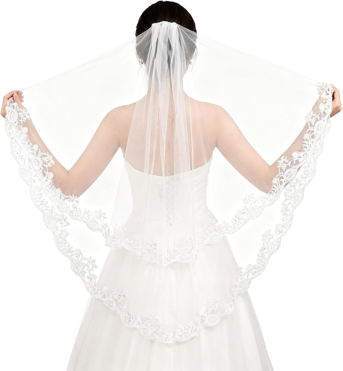 White Lace Veil, Lace Appliques Bridal Veils, Bridal Wedding Veil, Women's Satin Edge Tulle for Wedding, Bachelorette Party, Brides Shower (78cm/30.7 Inches)