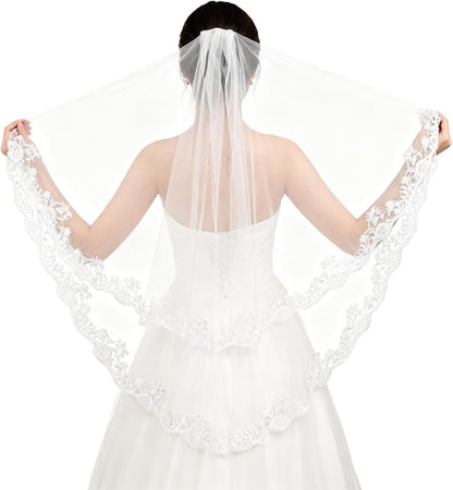 White Lace Veil, Lace Appliques Bridal Veils, Bridal Wedding Veil, Women's Satin Edge Tulle for Wedding, Bachelorette Party, Brides Shower (78cm/30.7 Inches)