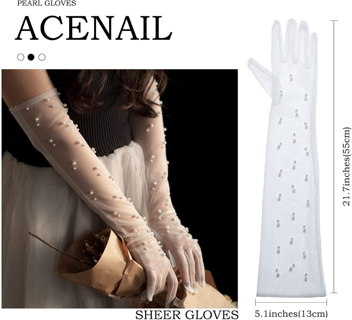 Acenail Pearl Women’s Wedding Gloves Long Tulle White Finger Lace 20s Opera Evening Party Sheer Gloves for Brides