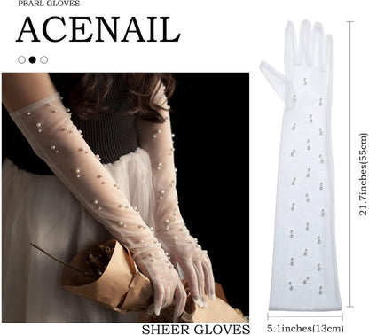 Acenail Pearl Women’s Wedding Gloves Long Tulle White Finger Lace 20s Opera Evening Party Sheer Gloves for Brides