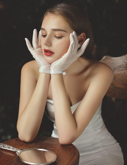 QRBTSCL Women's Short Satin Gloves for Wedding Tulle Tea Party Gloves