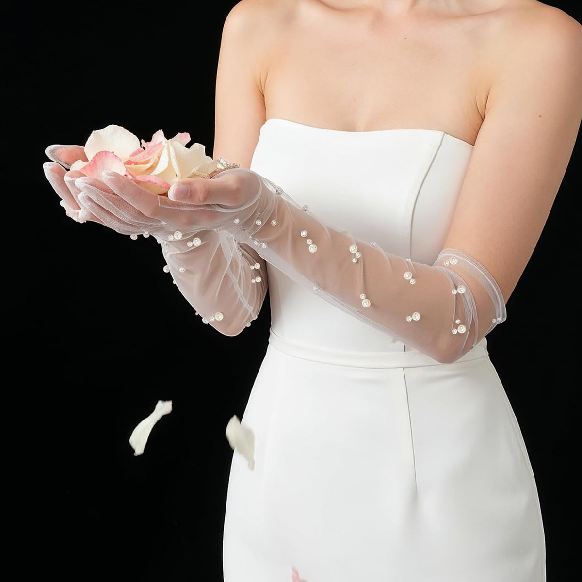 Pearl Long Wedding Gloves Women’s Tulle Bridal Gloves Sheer White Finger Long Bridal Sleeves, Opera Prom Evening Party Costumes for Women