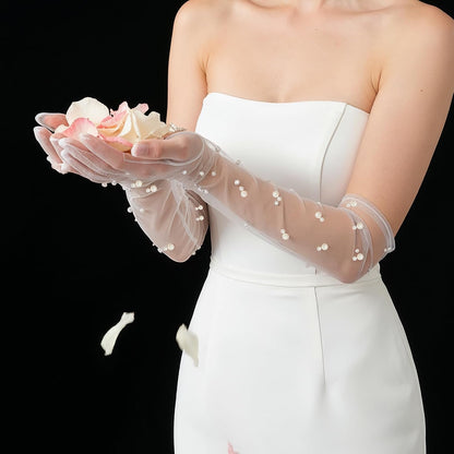 Pearl Long Wedding Gloves Women’s Tulle Bridal Gloves Sheer White Finger Long Bridal Sleeves, Opera Prom Evening Party Costumes for Women