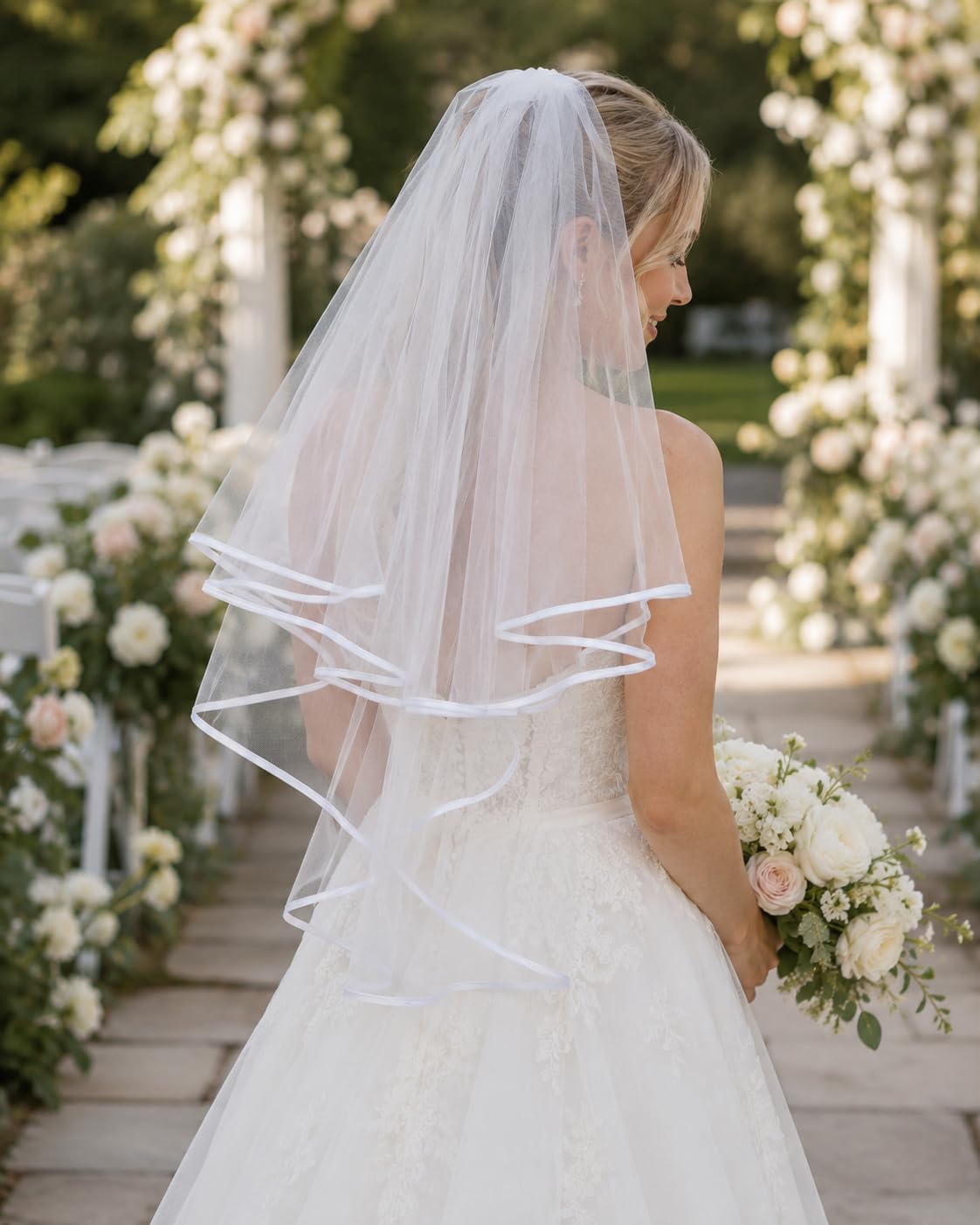 2 Tier White Bridal Veil with white binding