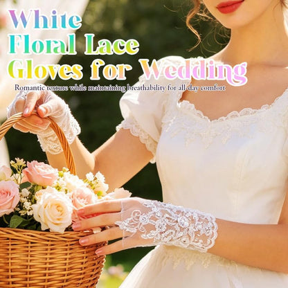 Bride Wedding Short Lace Gloves White Fingerless Rhinestone Gloves Bridal Gloves Accessories for Women