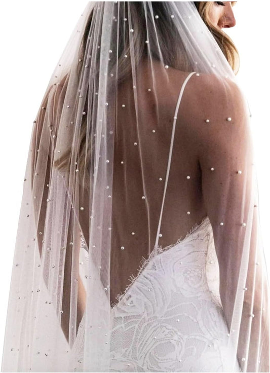 1 Tier Pearl Wedding Bridal Veil With Metal Comb F55