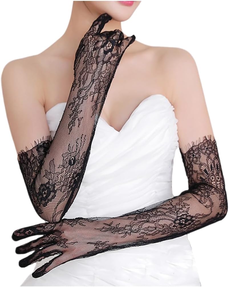 Mrotrida Women's Fingerless Lace Long Bridal Gloves Removable Hollow Out Sheer Arm Sleeves Tulle Solid Color Wedding Gloves