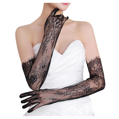 Mrotrida Women's Fingerless Lace Long Bridal Gloves Removable Hollow Out Sheer Arm Sleeves Tulle Solid Color Wedding Gloves