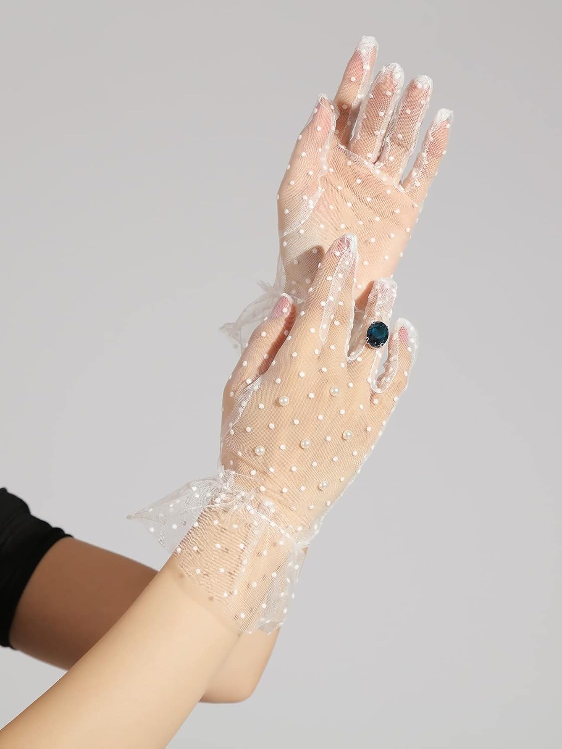 OYOANGLE Women's Lace Gloves Pearls Bridal Sheer Mesh Tea Party Short Glove