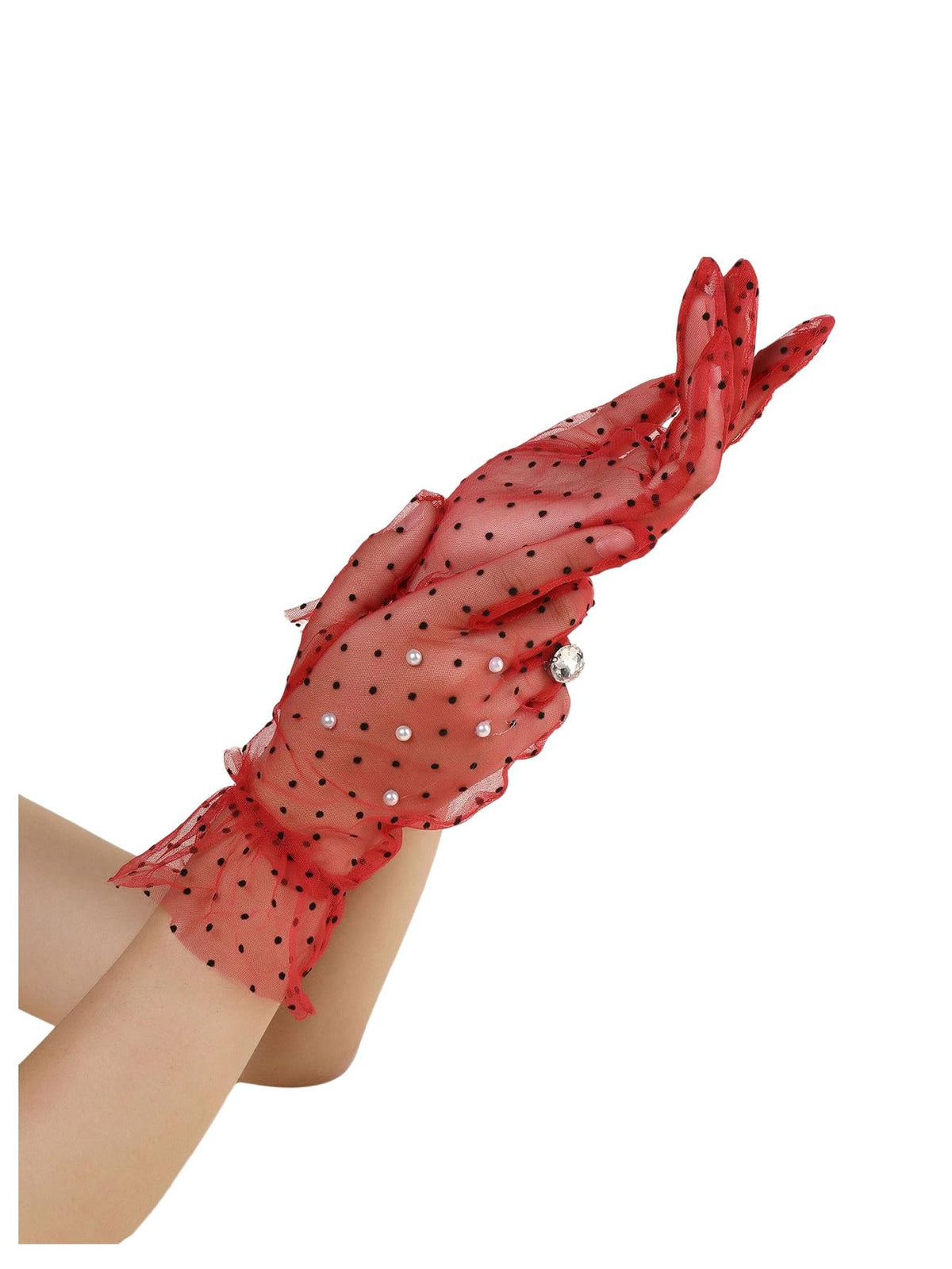 OYOANGLE Women's Lace Gloves Pearls Bridal Sheer Mesh Tea Party Short Glove