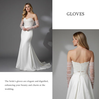 Long Tulle Pearl Wedding Gloves Elbow Length Summer Fingerless Glove