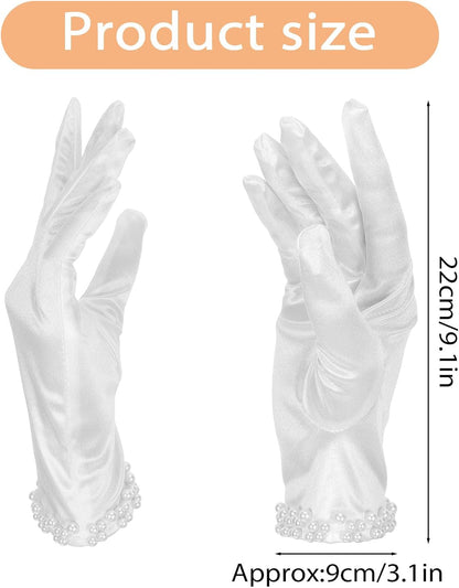 AHQiZFX White Satin Gloves for Women, Wedding Pearl Gloves for Bridal 1920s Glove for Wedding Dance Dress Opera Dinner Tea Party