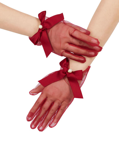 Women Short Pearl Tulle Gloves with Bow Wedding Mesh Tea Party Gloves