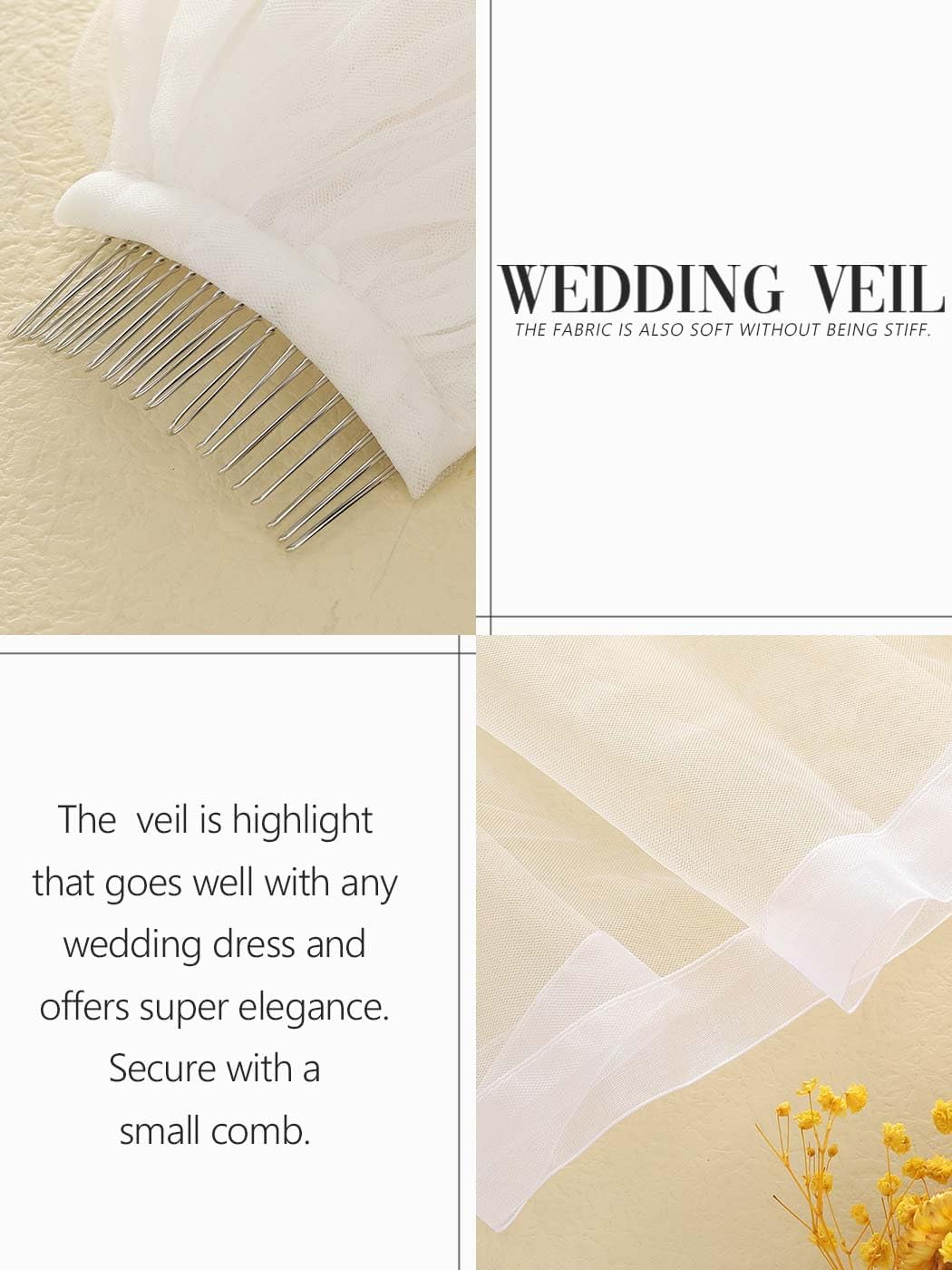 Fingertip Bride Wedding Veils 2 Tier Bridal Veil Ribbon Edge Veils with Comb for Brides and Women