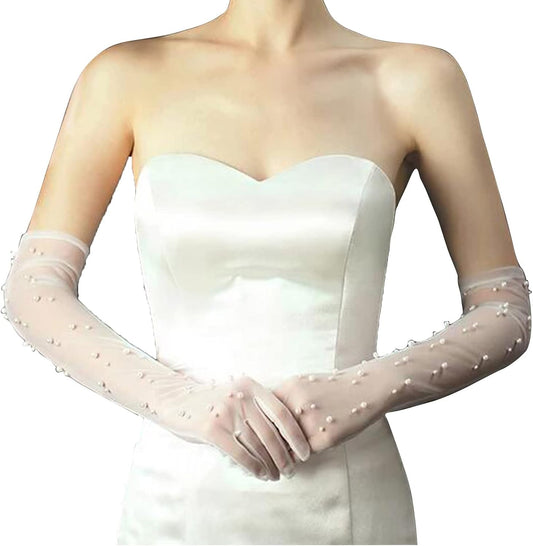 Acenail Pearl Women’s Wedding Gloves Long Tulle White Finger Lace 20s Opera Evening Party Sheer Gloves for Brides