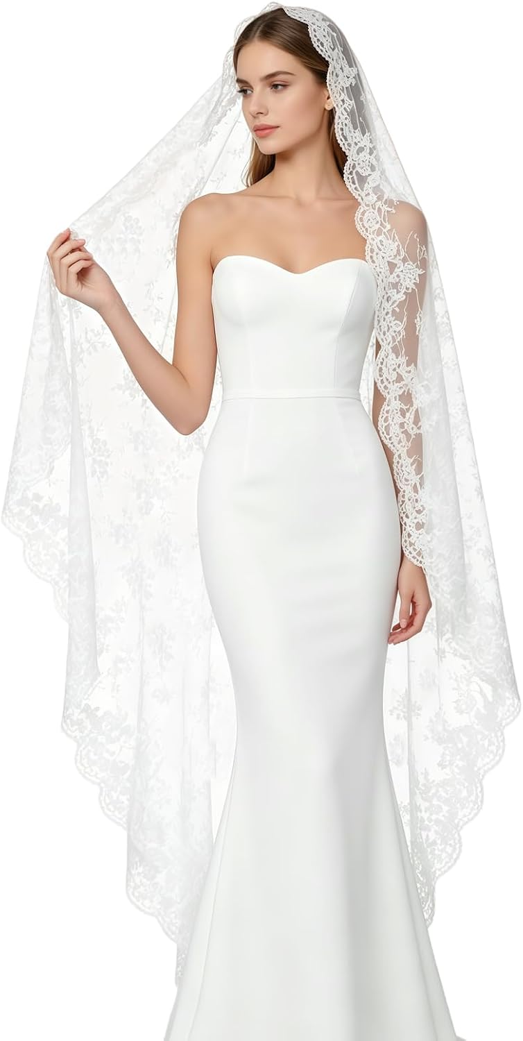 Mantilla Wedding Veil with Lace Edge Fingertip & Waltz Length