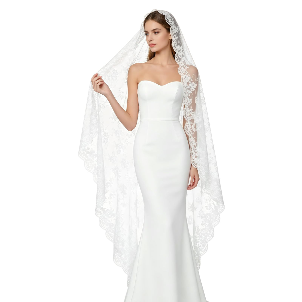 Mantilla Wedding Veil with Lace Edge Fingertip & Waltz Length