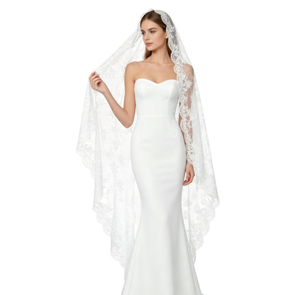 Mantilla Wedding Veil with Lace Edge Fingertip & Waltz Length