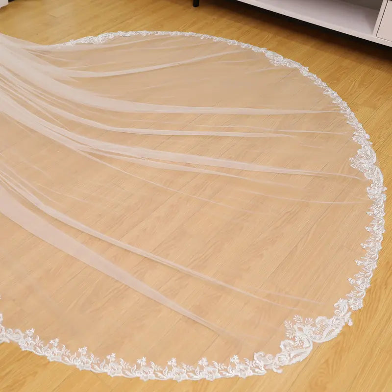 Simple lace wedding veil, Lace trim bridal wedding veil, Cathedral wedding veil, Ivory soft tulle bridal veil