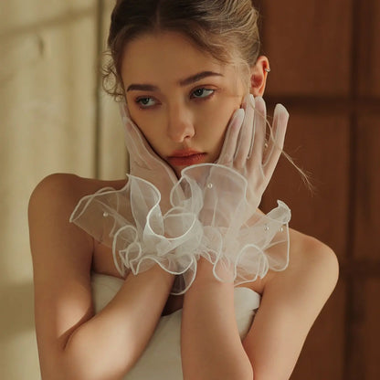 Sheer White Tulle Bridal Gloves, Short Ruffled Wrist Gloves with Delicate Pearl Embellishments, Vintage Elegant Handwear for Weddings, Bridal Parties & Photo Shoots