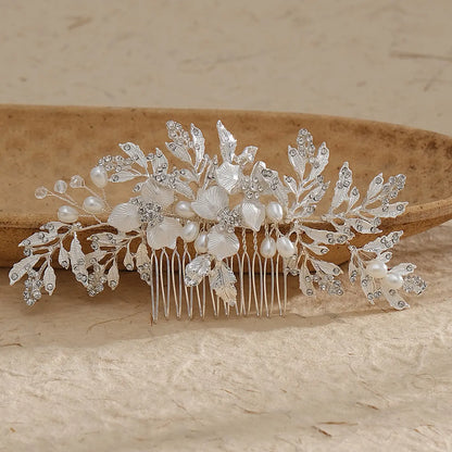 French Vintage Pearl Rhinestone Hair Comb, Stunning Bride Wedding Headpiece, Gold Leaf Hair Pin, Bridesmaid Photo Shoot Accessory