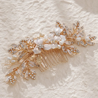 French Vintage Pearl Rhinestone Hair Comb, Stunning Bride Wedding Headpiece, Gold Leaf Hair Pin, Bridesmaid Photo Shoot Accessory