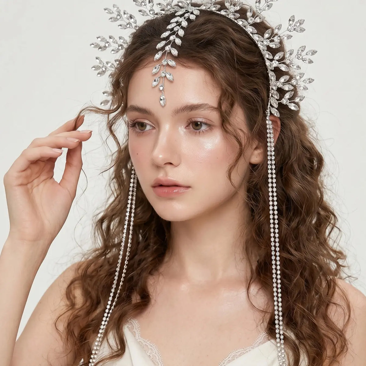 Elegant Rhinestone Detailing Branch Fringe Accent Headband, Handmade Wire Crown Hair Accessory, Bridal Ready Stage Dinner Hairstyle Band, Versatile Wear, Handcrafted Craftsmanship