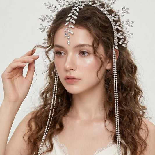 Elegant Rhinestone Detailing Branch Fringe Accent Headband, Handmade Wire Crown Hair Accessory, Bridal Ready Stage Dinner Hairstyle Band, Versatile Wear, Handcrafted Craftsmanship