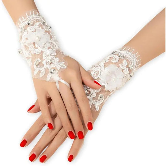 Women's White Tulle Lace Short Fingerless Gloves - Flower-Embellished Rhinestone Motif, Wedding Party Fashion Accessory, Flowers