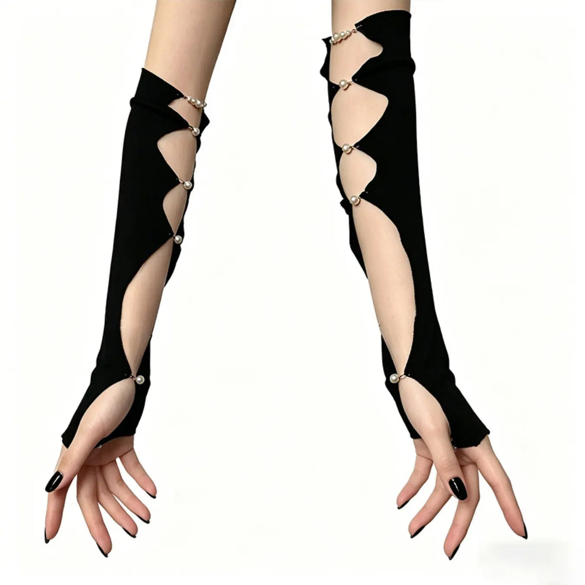 Hollow-out Sexy Arm Sleeves with Pearls for Subculture, Niche Y2K & Dark Gothic Thin Gloves