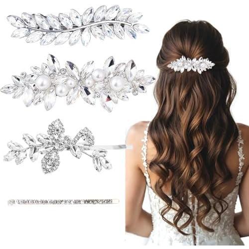 4 count Rhinestone Hair Clips for Women Hair Barrettes  Bridal hair accessories for Wedding Party Everyday