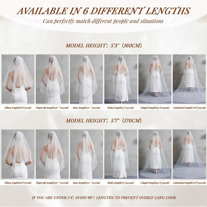 BEAUTELICATE Wedding Bridal Veil with Comb 1 Tier Cut Edge Fingertip&Cathedral Length